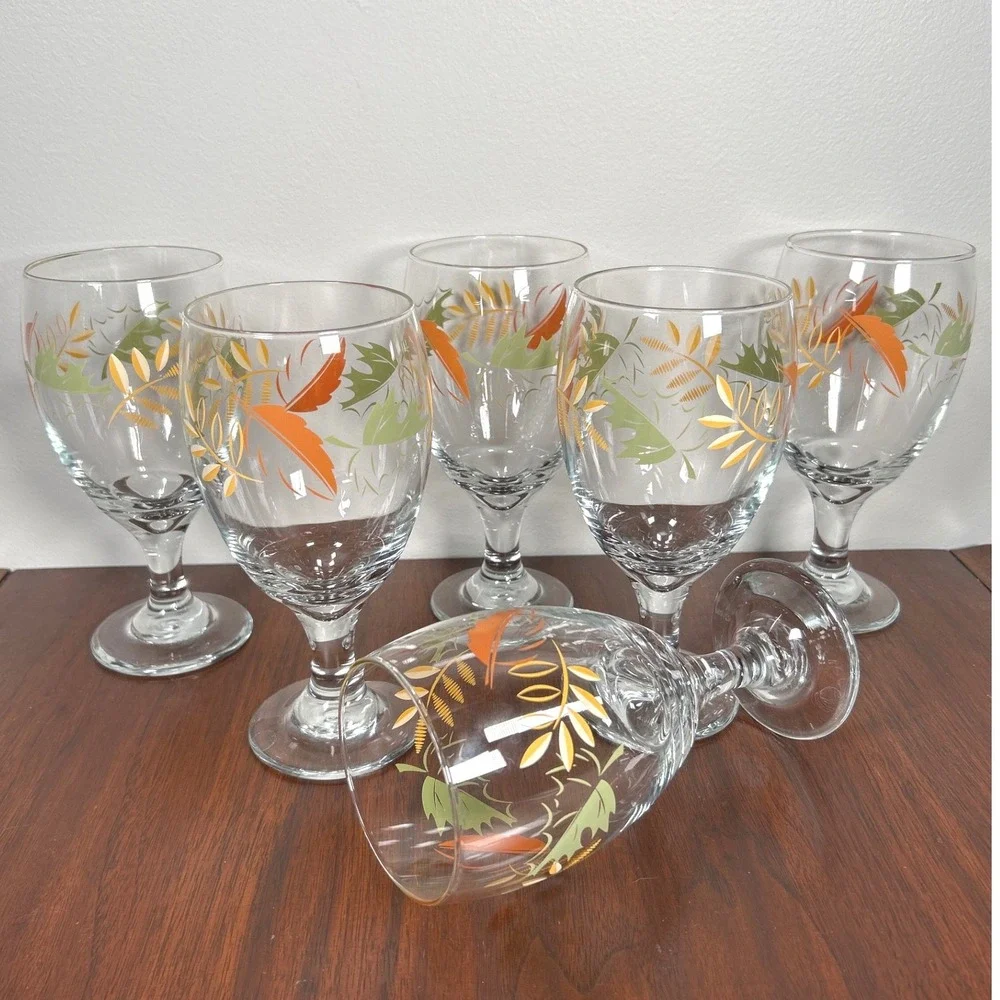 Libbey Autumn Leaf Stemmed Water Goblets Orange Green Fall SIX